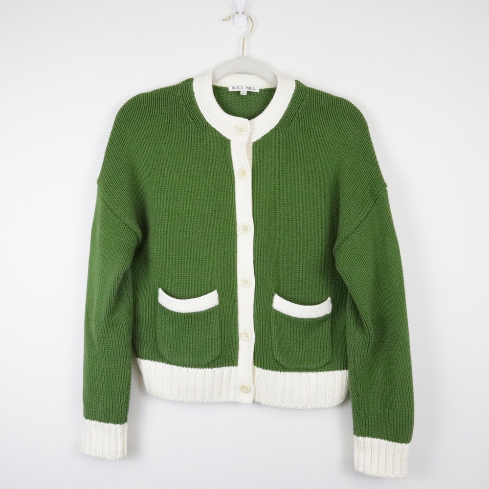 Alex Mill Nico Tipped Cardigan Medium Leaf Green Ivory White 100% Cotton Sweater - Picture 2 of 8